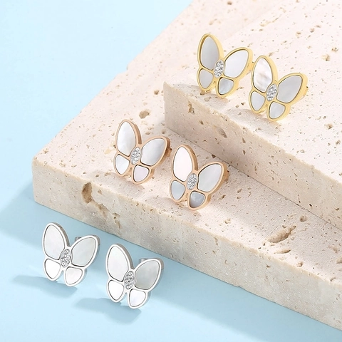 Schmetterling Ohrstecker Edelstahl Perlmutt Inlay Strass Elegant Koreanischer Stil Für Damen Und Mädchen