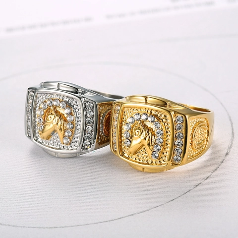 Men Horse Head Ring Stainless Steel Iced Out Cubic Zirconia Gold Plated Hip Hop Horseshoe Jewelry