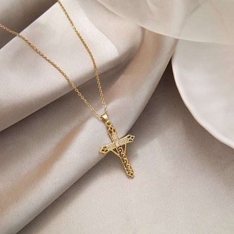 Hollow Cross Sword Pendant Necklace Gold Plated Stainless Steel With Zircon Inlaid Trendy Hip Hop Jewelry Unisex