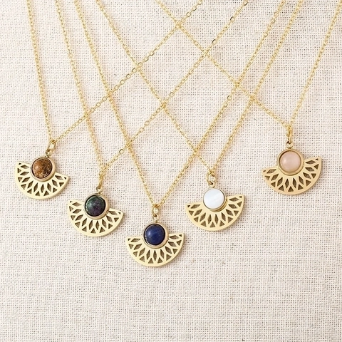 Collier Pendentif En Forme D'éventail Acier Inoxydable Pierre Naturelle Bijoux Géométriques Pour Femmes Style Bohème