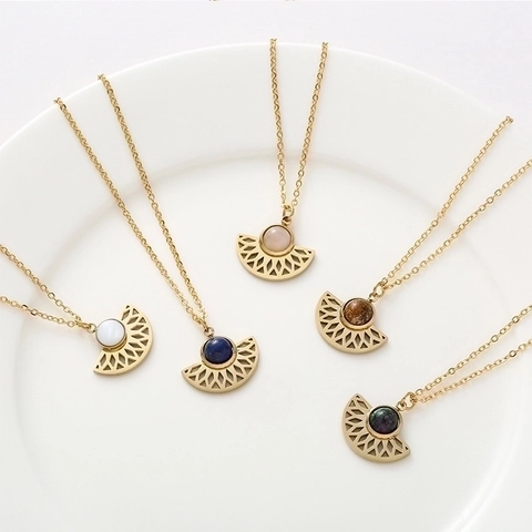 Collier Pendentif En Forme D'éventail Acier Inoxydable Pierre Naturelle Bijoux Géométriques Pour Femmes Style Bohème