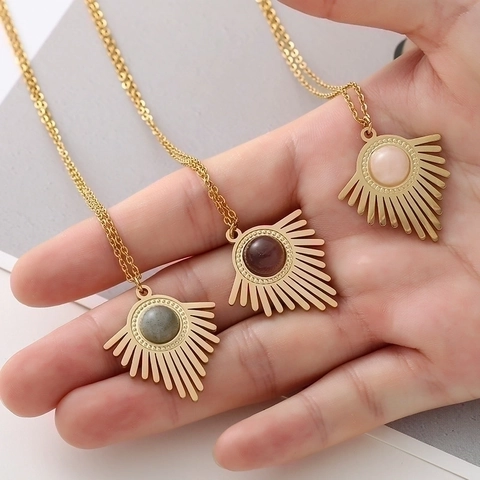 Boheemse Roestvrijstalen Ketting Natuursteen Zonnestraal Driehoek Geometrische Ingelegde Hanger Sieraden Voor Dames