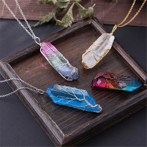 Tree Of Life Crystal Column Pendant Necklace Hand-Wrapped Wire Natural Stone Hexagonal Healing Reiki Boho Jewelry Women