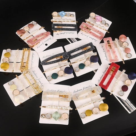 Acetate Resin Hair Clips Imitation Artificial Pearl Rhinestone Geometric Korean Style Elegant Fashion Hairpins For Women Girls
