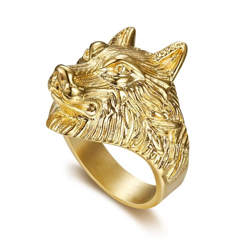 Wolf Head Ring Gold Plated Stainless Steel Hip Hop Punk Animal Jewelry Men Gothic Biker