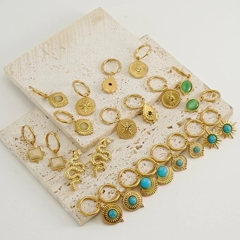 Stainless Steel Hoop Drop Earrings 18K Gold Plated Geometric Turquoise Rhinestone Bohemian Style Jewelry For Women