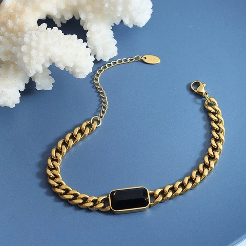 Set di Gioielli Retrò Hip Hop in Acciaio Inossidabile a Maglia Cubana per Donna Collana Bracciale Oro Argento Con Pietra di Vetro Rettangolare