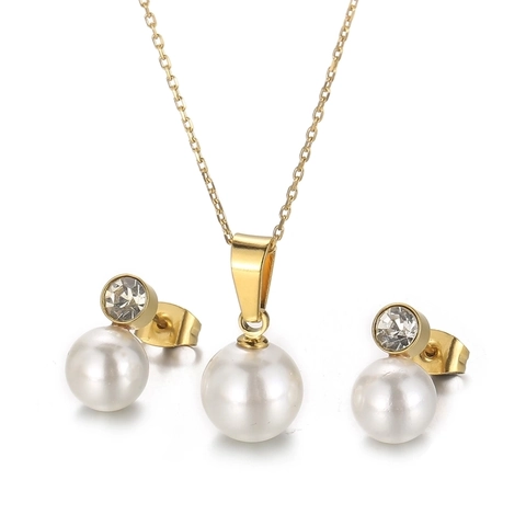 Joyas De Acero Inoxidable Collar Y Pendientes Con Perla Artificial De Concha Redonda Blanca Y Diamantes De Imitación Brillantes Para Mujer Regalo