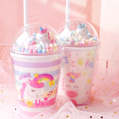 Cute Unicorn Straw Cup Double Walled Plastic BPA Free With Figurine Dome Lid Colorful Foam Balls Glitter For Kids Girls