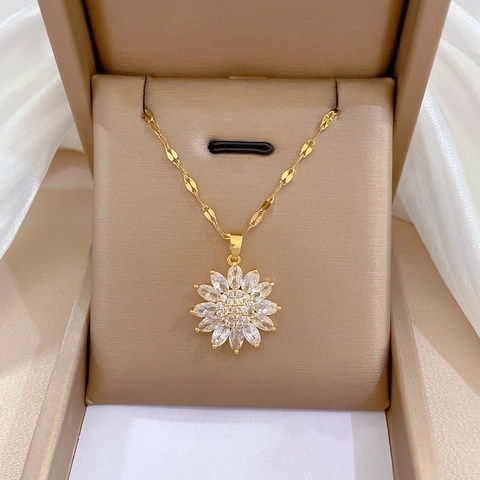 Collana Con Ciondolo A Girasole Oro Acciaio Inossidabile Rame Zirconia Gioielli Eleganti Da Donna Banchetto