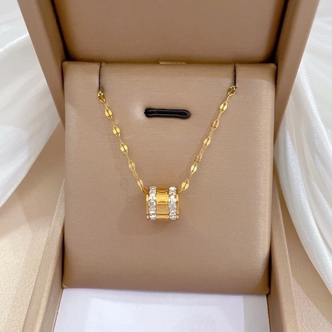 Collana Minimalista In Acciaio Al Titanio Con Ciondolo Cilindro Incastonato Di Zirconi Numeri Romani Gioielli Eleganti