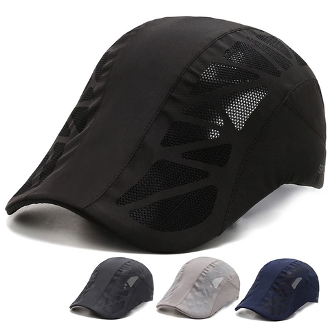Men Acrylic Flat Cap Quick Dry Mesh Breathable Sun Protection Hat For Outdoor Sports Tennis Fishing Adjustable Style