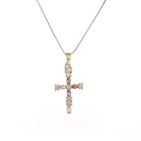 Kreuz Anhänger Halskette Kupfer Mikro Pave Bunte Zirkonia Religiöser Modeschmuck Für Damen