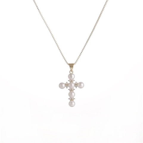 Collar Con Colgante De Cruz Cobre Micro Zircón Imitación Perla Artificial Cadena Box Joyería Religiosa Elegante Regalo Para Mujer