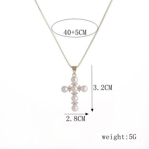 Collar Con Colgante De Cruz Cobre Micro Zircón Imitación Perla Artificial Cadena Box Joyería Religiosa Elegante Regalo Para Mujer