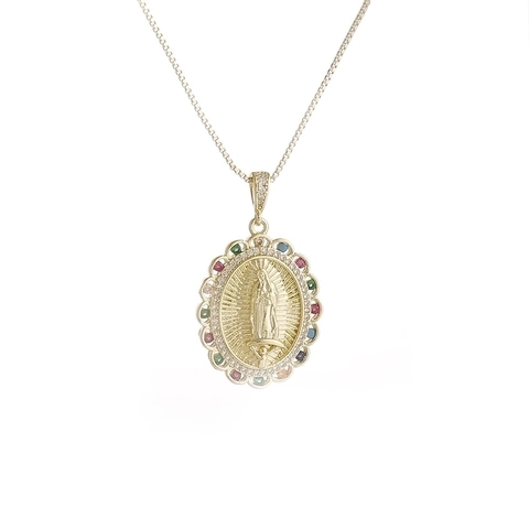 Collar Con Colgante Relieve Virgen María Para Mujer Medallón Ovalado De Cobre Chapado En Oro Con Circonia Multicolor Cadena De Caja Joyería