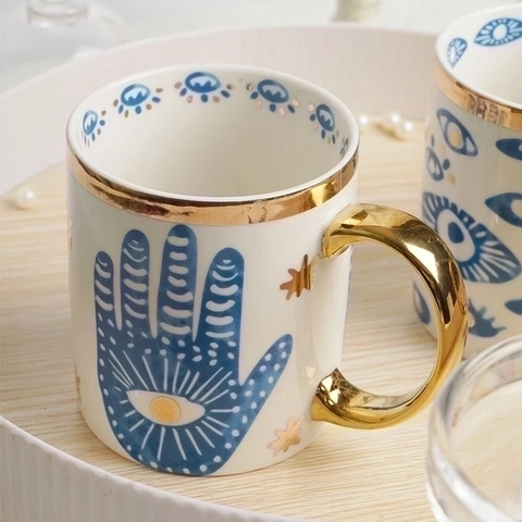 Ceramic Evil Eye Hamsa Hand Tableware Mug Plate Storage Jar Reinforced Porcelain Gold Rim Bohemian Novelty Decor