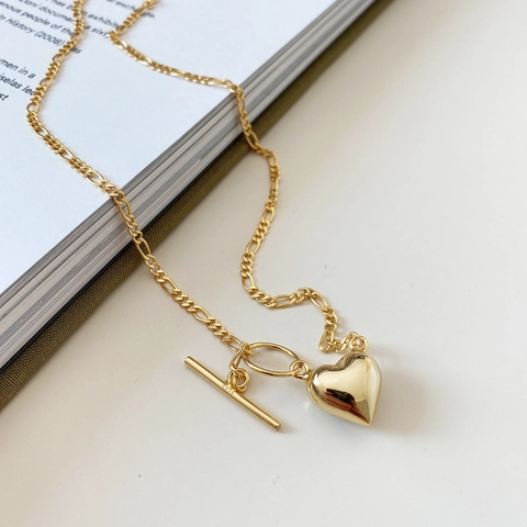 Heart Pendant Necklace 925 Sterling Silver Figaro Chain Toggle Clasp French Style Elegant Jewelry For Women