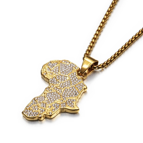 Stainless Steel Africa Map Pendant Necklace Gold Color Rhinestone Map Charm Hip Hop Street Style Jewelry For Men Women
