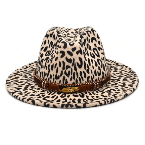 Cappello Fedora A Tesa Larga Con Stampa Leopardata In Feltro Di Lana Con Fascia Intrecciata Ciondolo Piuma Berretto Jazz Retro