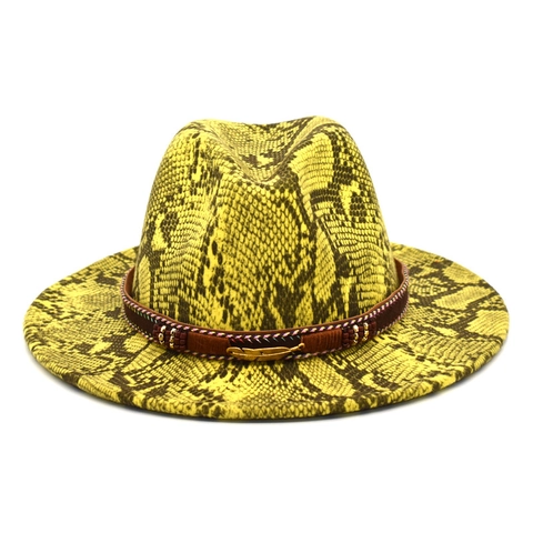 Cappello Fedora Stampa Serpente Cotone Poliestere Tesa Larga Western Vintage Jazz Con Cintura In Pelle Ciondolo Piuma Dorata