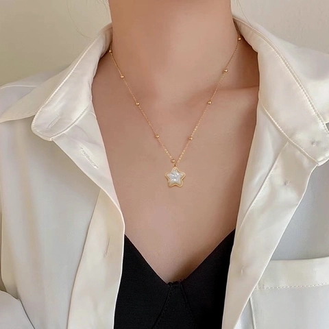 Stern Anhänger Halskette Edelstahl Perlmutt Muschel Eingelegt Künstliche Perlenkette Minimalistisch Elegant Schmuck Für Damen