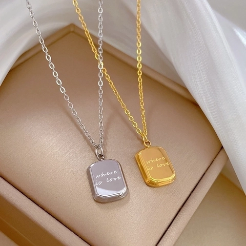 Titanium Stalen Vierkante Baksteen Hanger Ketting Verguld Where Is Love Gegraveerd Minimalistische Sleutelbeenketting