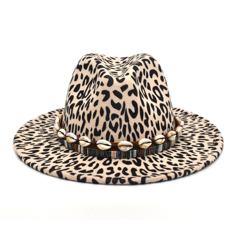 Leopard Print Fedora Hat Wide Brim Cotton Polyester Felt Bohemian Ethnic Shell Decoration Retro Jazz Travel Unisex