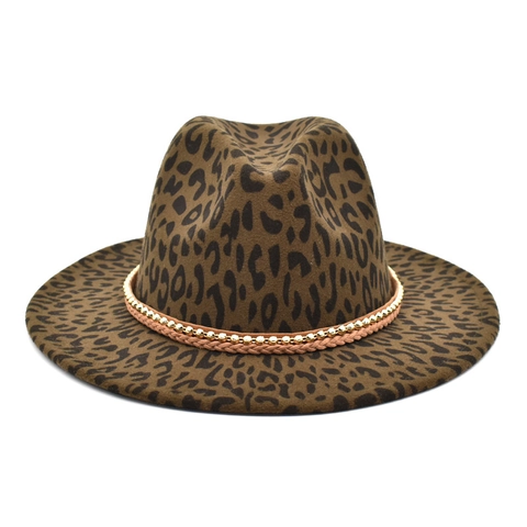 Leopard Print Fedora Hat Wide Brim Cotton Polyester Jazz Hat With Gold Bead Chain For Men Women Vintage Fashion