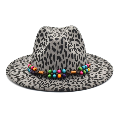 Cappello Fedora Leopardato Con Fascia Di Perline Colorate Feltro A Tesa Larga Stile Boho Per Uomo Donna