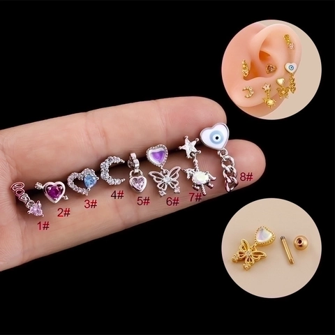 Stainless Steel Cartilage Piercing Studs Zirkon Schmetterling Herz Mond Helix Tragus Ohrringe Schraubkugelverschluss Für Damen