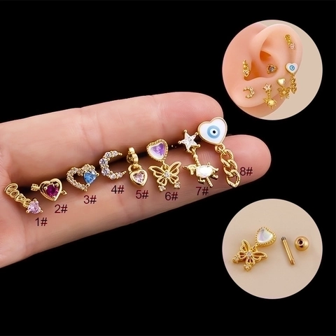 Stainless Steel Cartilage Piercing Studs Zirkon Schmetterling Herz Mond Helix Tragus Ohrringe Schraubkugelverschluss Für Damen