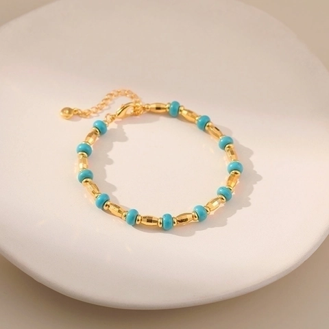 Pulsera Vintage De Cuentas De Turquesa Cobre Chapado En Oro De 18K Estilo Palacio Retro Joyería Ajustable Para Mujer