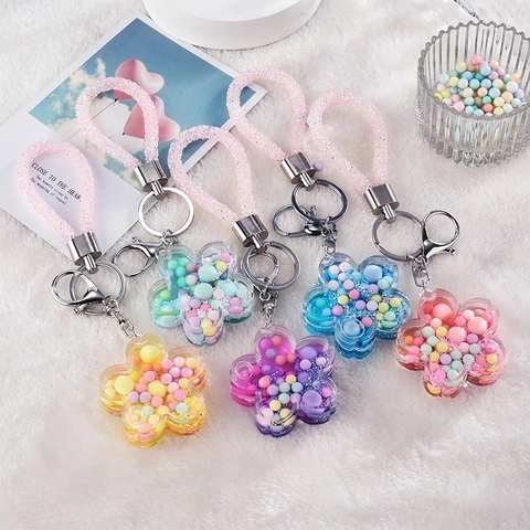 Blumen Treibsand Schlüsselanhänger Acryl Flüssigkeit Macaron Perlen Glitzer Lanyard Glocke Rucksack Anhänger Zubehör