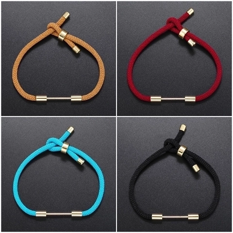 Woven Rope Bracelet With Adjustable Sliding Buckle Brass Gold Plated Horizontal Bar Minimalist Unisex Cord Jewelry