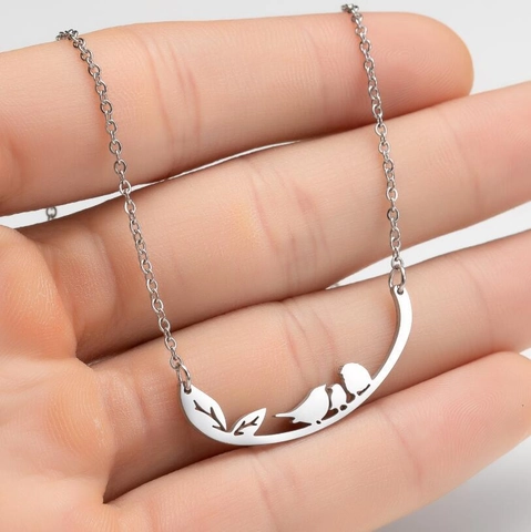 Collar Con Colgante De Pájaro Hoja Rama De Acero Inoxidable Calado Simple Minimalista Cadena De Clavícula Mujer