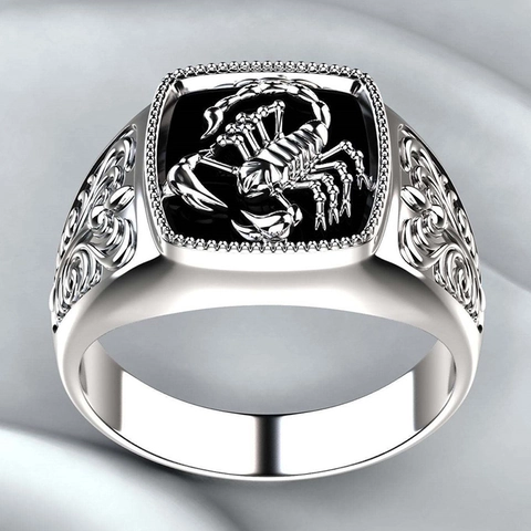 Retro Scorpion Signet Ring Alloy With Black Enamel Vintage Scroll Pattern Punk Gothic Biker Jewelry For Men