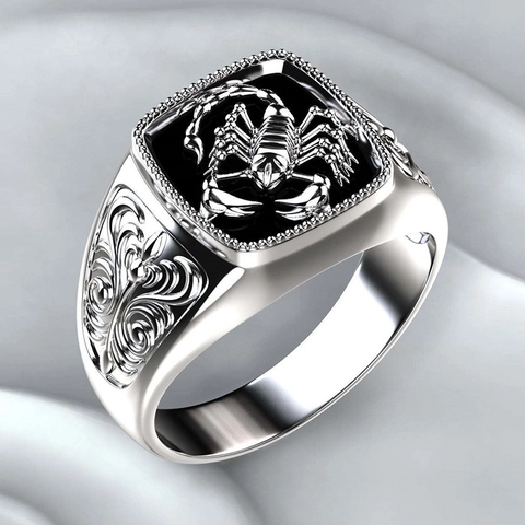 Retro Scorpion Signet Ring Alloy With Black Enamel Vintage Scroll Pattern Punk Gothic Biker Jewelry For Men