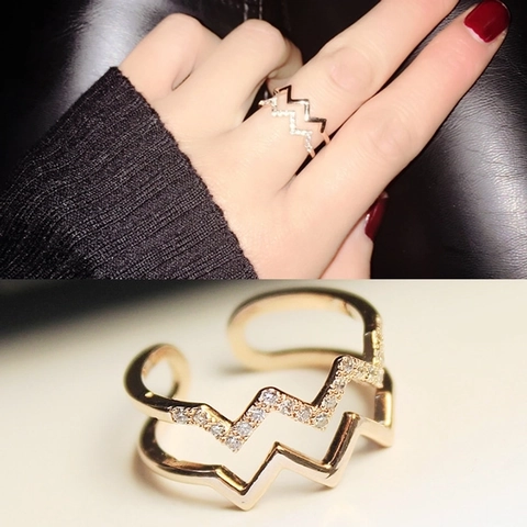 Minimalist Copper Zirconia Double Layer Wave Open Ring For Women Adjustable Rose Gold Silver Color Fashion Finger Jewelry Accessory Gift