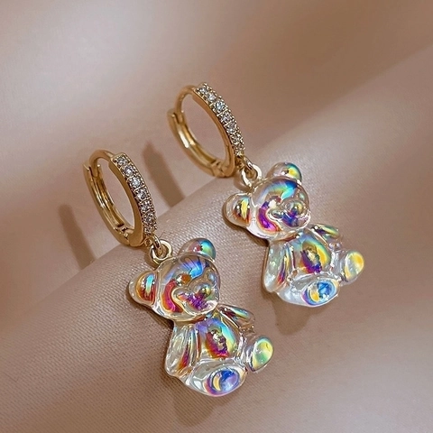 Schattige Beer Drop Hoop Oorbellen Aurora Hars Hanger Koper Zirconia Met Zilveren Oorsteker Zoete Esthetiek Vrouwen