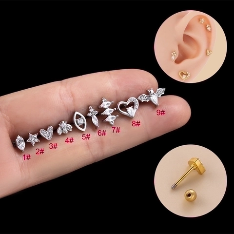 Orecchini Da Piercing Per Cartilagine In Acciaio Inossidabile Con Zirconi E Chiusura A Vite Micro Pave Cuore Stella Ape