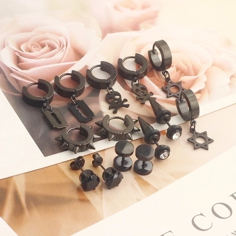 Punk Goth Earrings Hoops Studs Stainless Steel Zirconia Skull Hexagram Razor Blade Spikes Grunge Unisex Jewelry