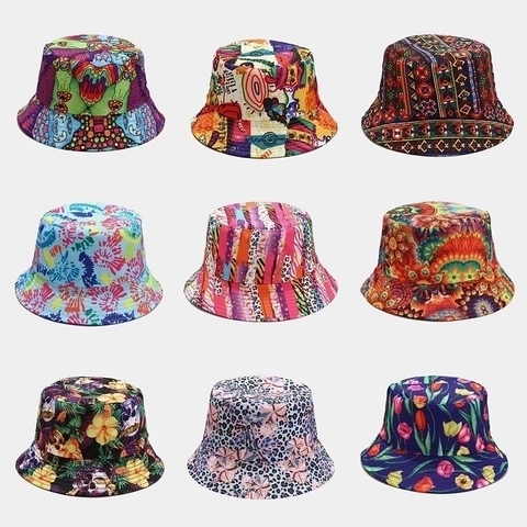 Bucket Hat Cotton Polyester Reversible Sun Protection Outdoor Summer Wide Brim Ethnic Floral Print Fashion Unisex