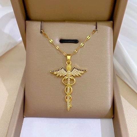 Collana Con Ciondolo Simbolo Medico Caduceo Catena In Acciaio Inossidabile Dorato Con Zirconi Gioielli Da Donna
