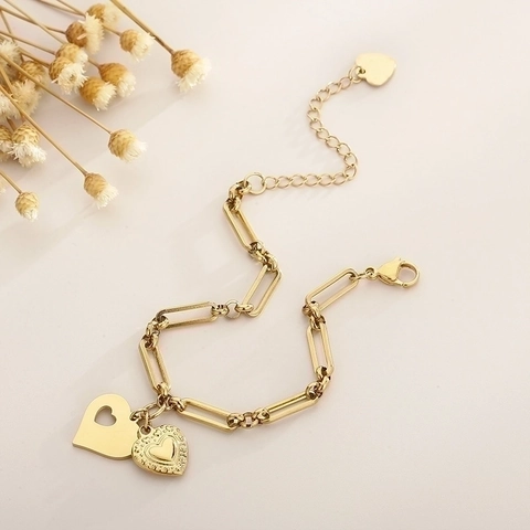 Bracelet Pendentif Coeur En Acier Inoxydable Pour Femmes Mode Chaîne Trombone Double Coeur Bijoux Réglables