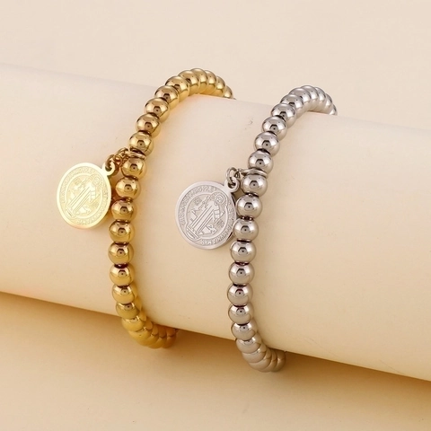 Stainless Steel Beads Bracelet With St Benedict Medal Religious Coin Pendant Adjustable Slider For Women Gold Silver Tone