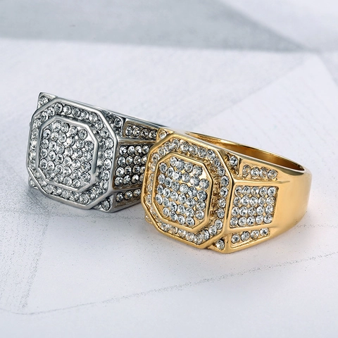 Hip Hop Men Iced Out Ring Octagonal Full Pave Cubic Zirconia Stainless Steel Gold Plated Bling Punk Nightclub Jewelry