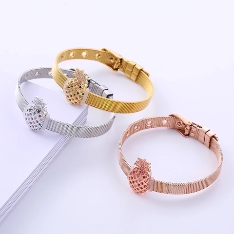 Pulsera De Malla Estilo Reloj Con Colgante De Piña Acero Inoxidable 304 Strass Incrustado Hebilla Ajustable Joyería Para Mujer