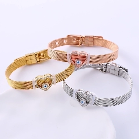 Pulsera De Acero Inoxidable Corazón Ojo Turco Malla Ajustable Diamantes De Imitación Joyería Para Mujeres