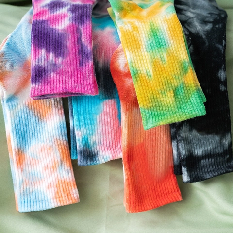 Tie Dye Crew Socks Cotton Blend Ribbed Mid Calf Gradient Streetwear Fashion Unisex Breathable Retro